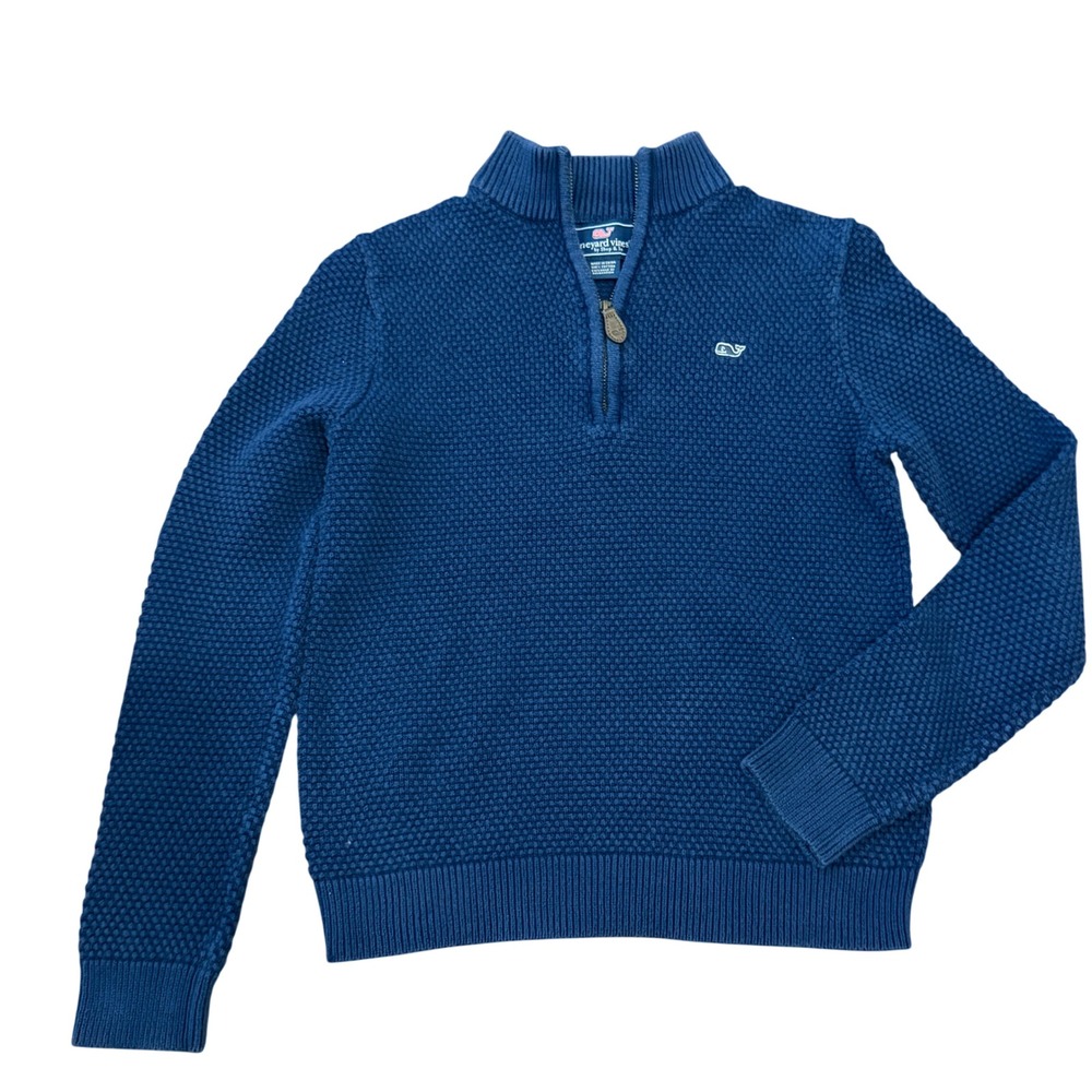 Vineyard Vines Boys Navy Blue Waffle Knit Quarter Zip Sweater M 12-14 Academia